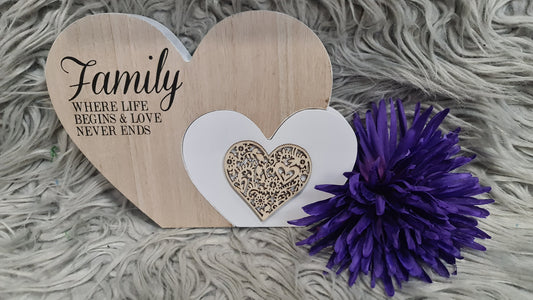 Family where life begins and love never ends heart plaque