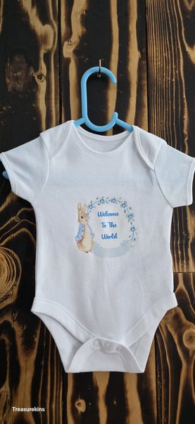 Blue Peter Rabbit blue welcome to the world baby vest